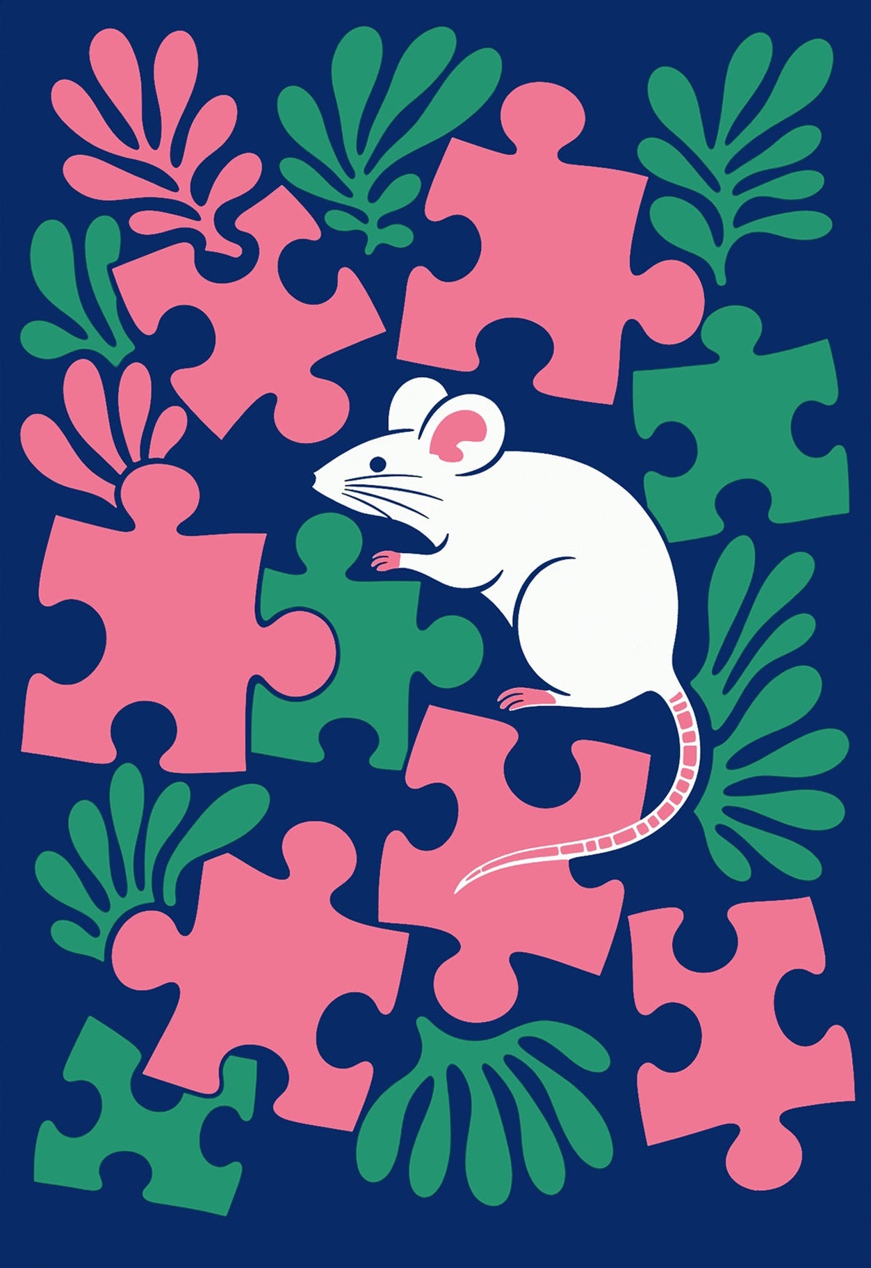 white mouse among green and pink puzzle pieces
