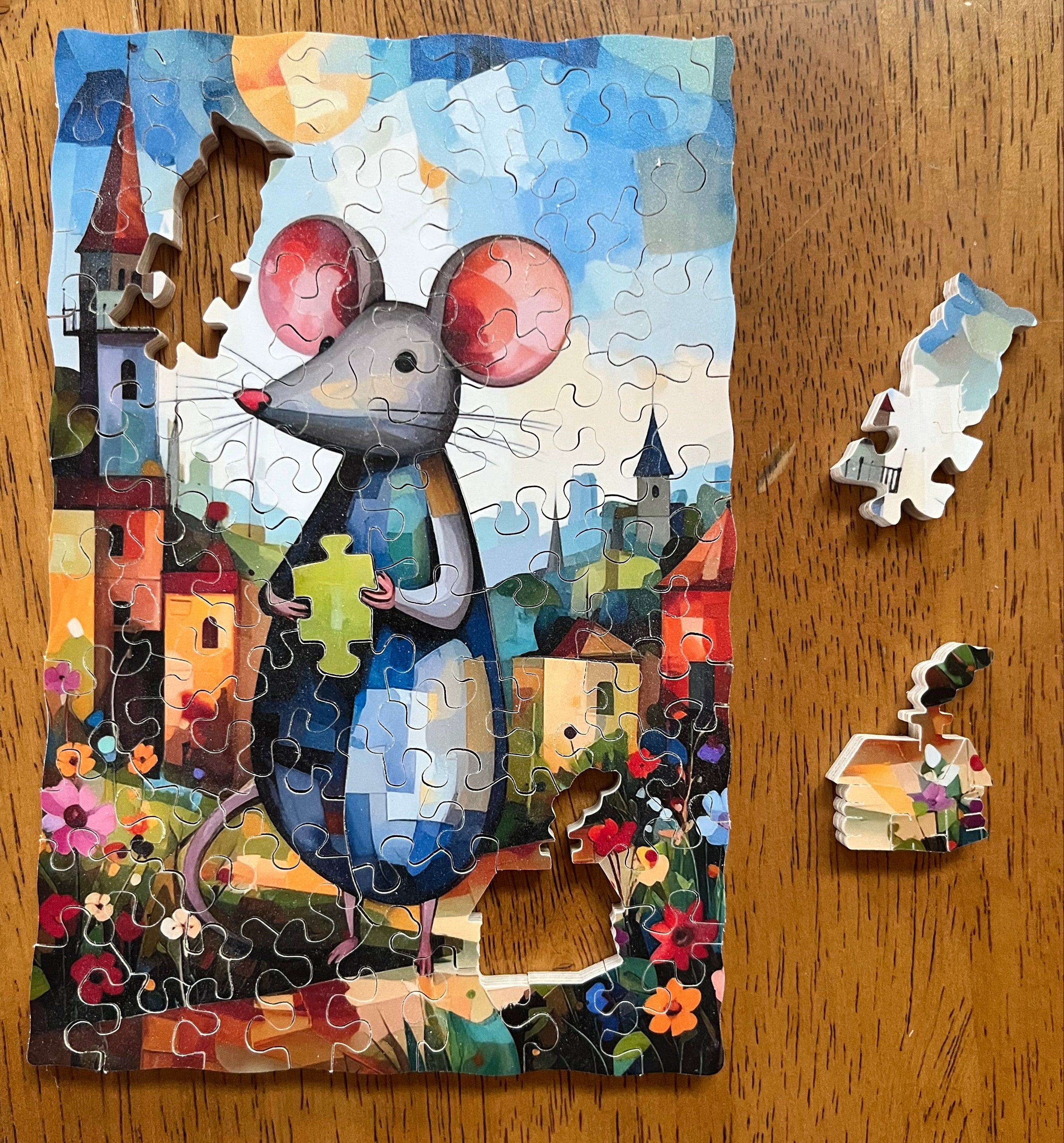 Partial puzzle with a colorful design on a wooden table