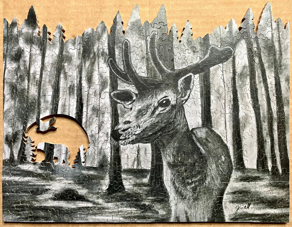 Puzzle piece with a deer and bear figural scene in a forest design 