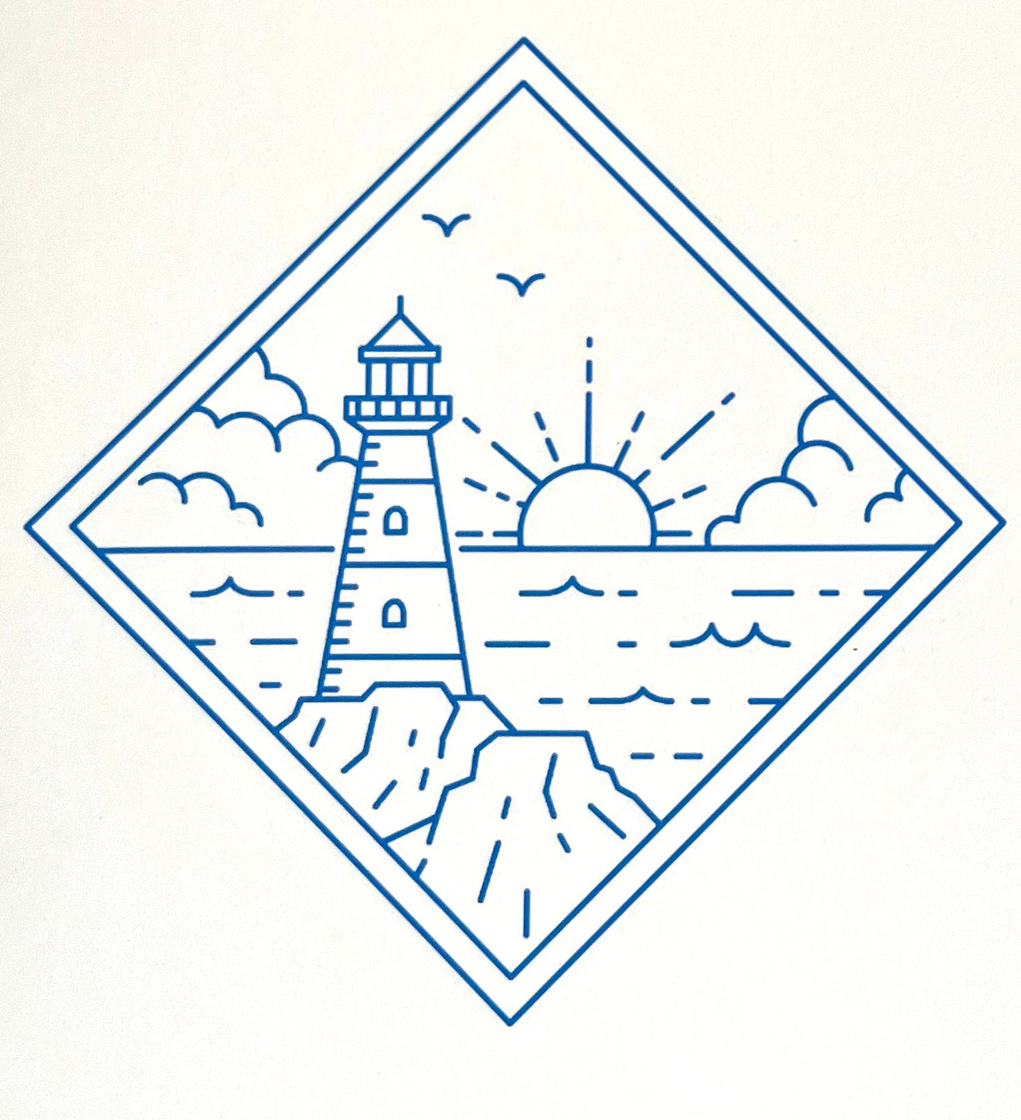 A handcrafted wooden jigsaw puzzle depicting a diamond shape with a lighthouse design, including birds, sun, and ocean waves.