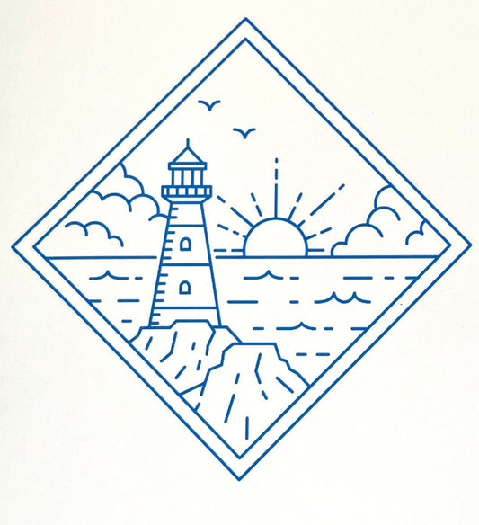 A handcrafted wooden jigsaw puzzle depicting a diamond shape with a lighthouse design, including birds, sun, and ocean waves.