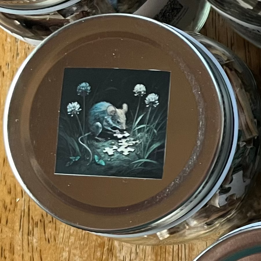 Collection of small jars with lids on a wooden surface, each containing a colorful card.