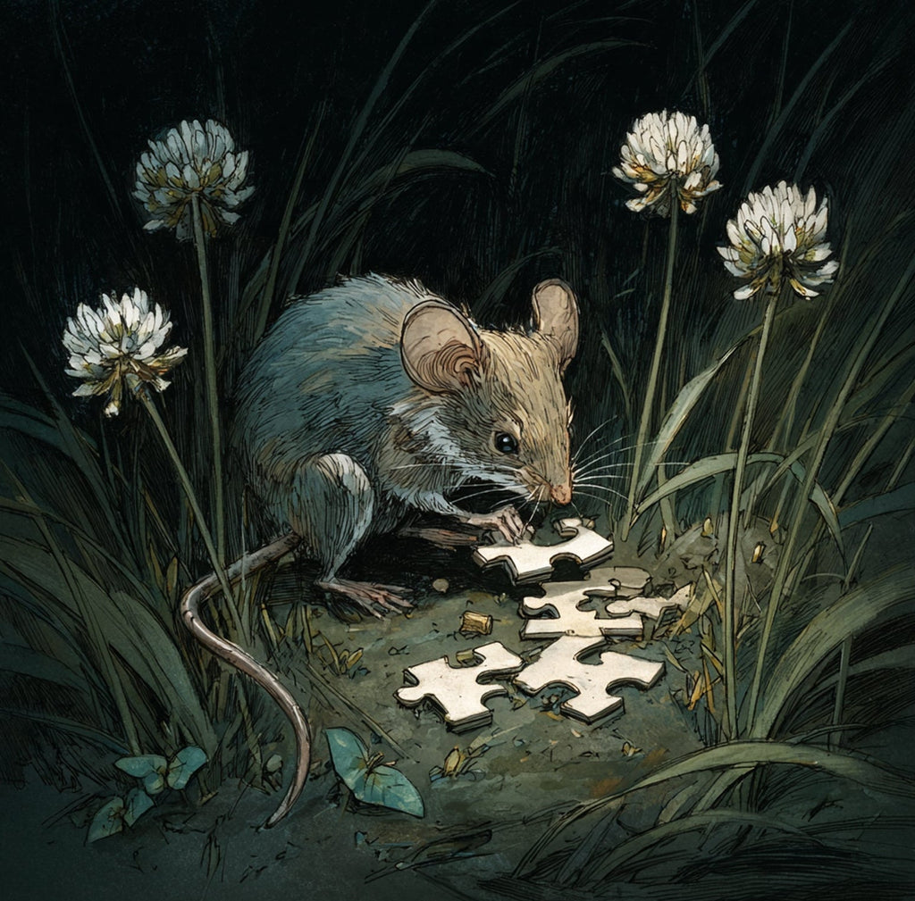 mouse with puzzle pieces at night, among some clover