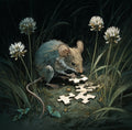 mouse with puzzle pieces at night, among some clover