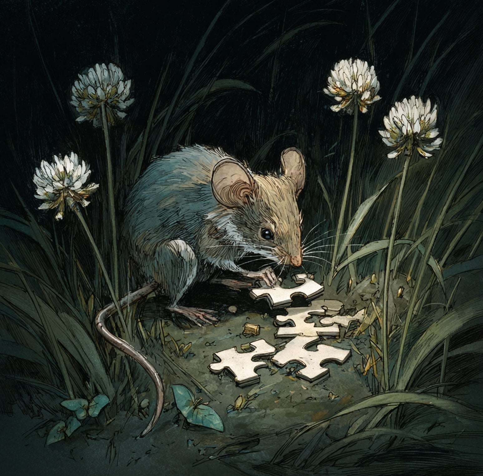 mouse with puzzle pieces at night, among some clover