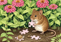 mousing hiding in flowers, with puzzle piees