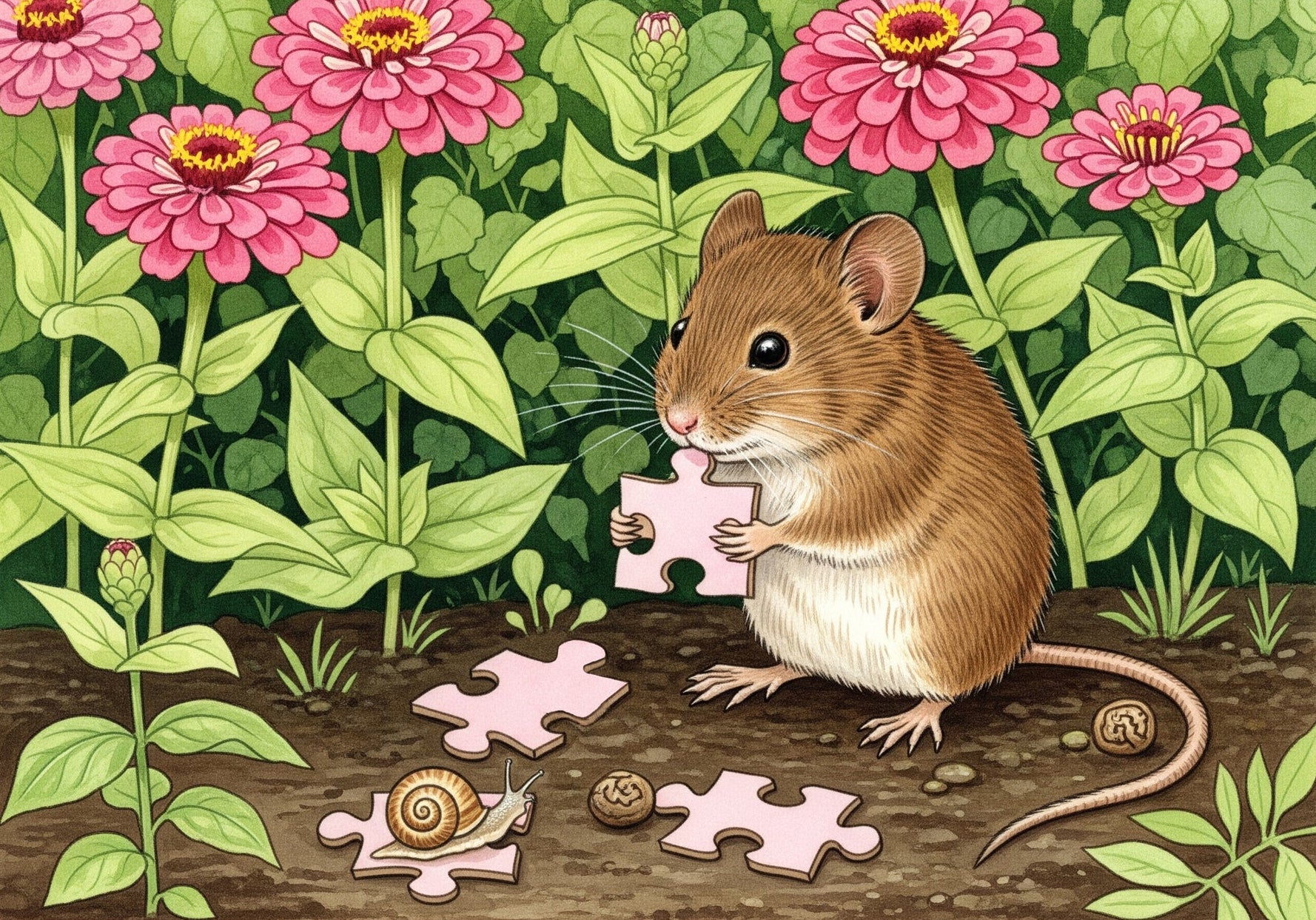 mousing hiding in flowers, with puzzle piees