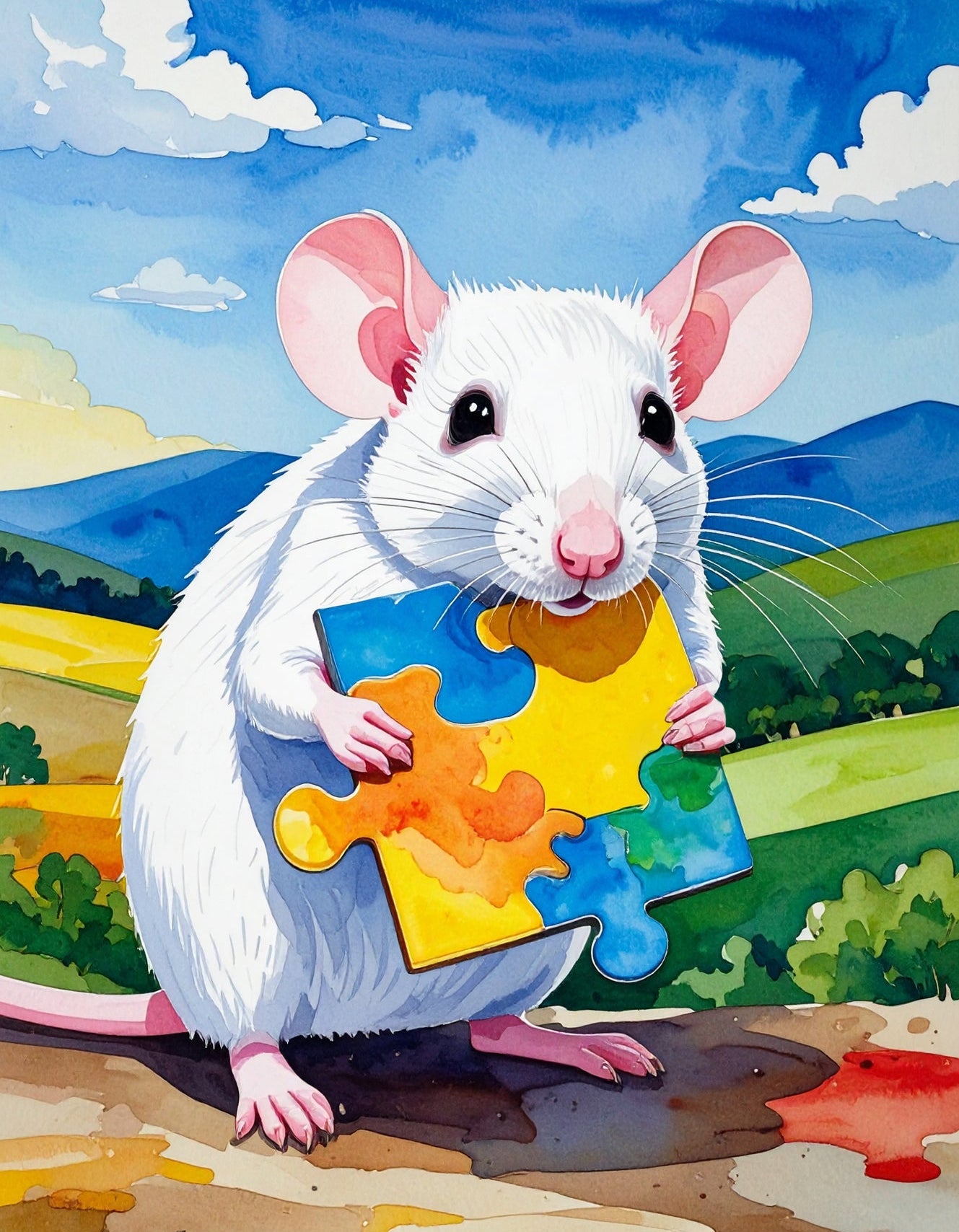 Colorful illustration of a mouse holding a puzzle piece on a painted hill