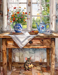 tea party with flowers and window greenery, and mouse hiding under table with puzzle piece.