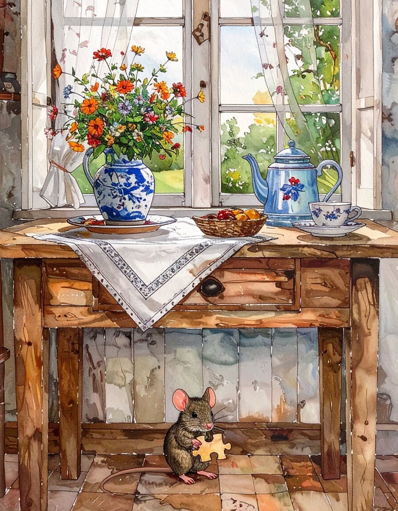 tea party with flowers and window greenery, and mouse hiding under table with puzzle piece.