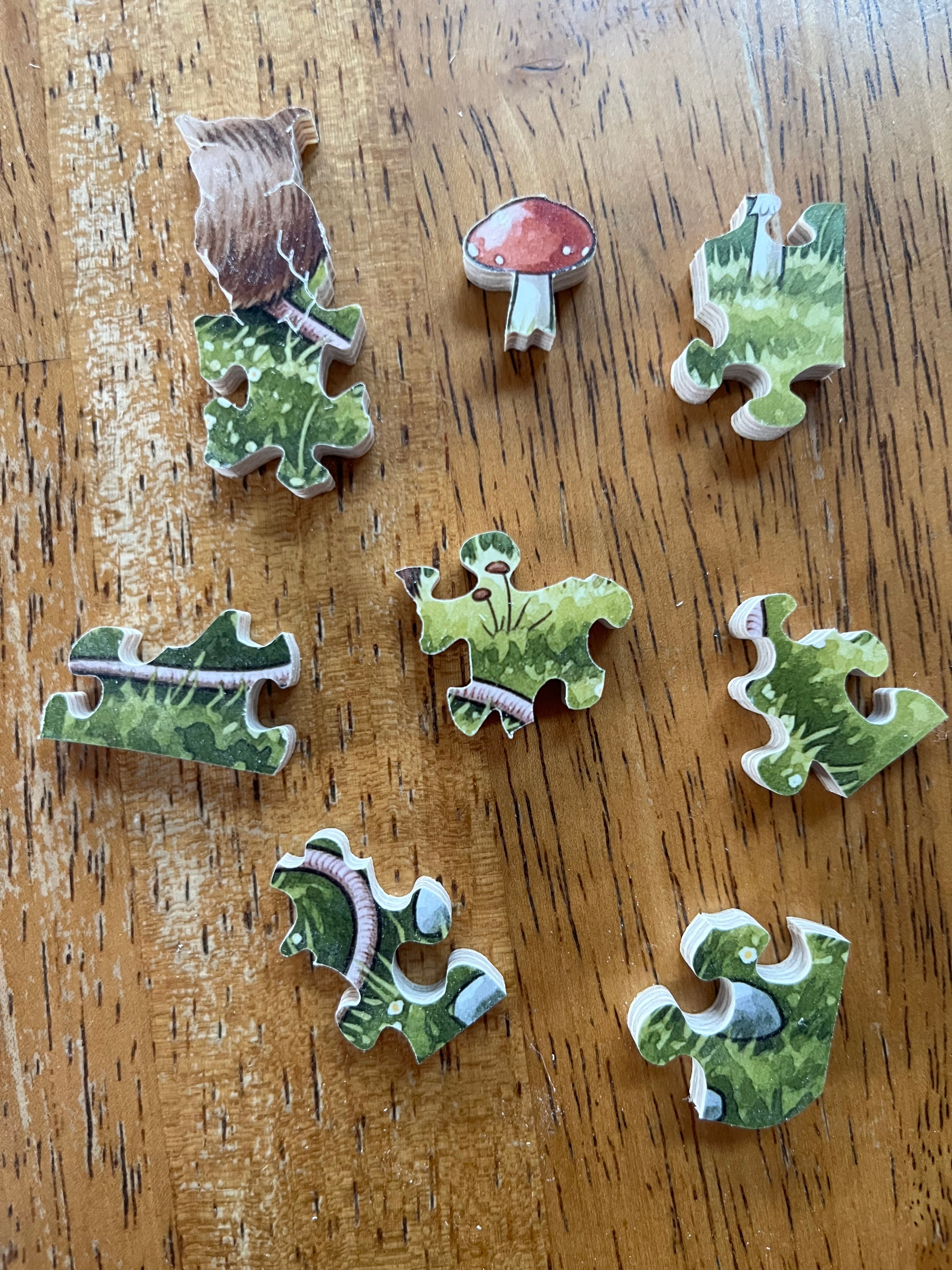Green puzzle pieces on a wooden surface