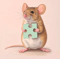 mouse holding a puzzle piece with a pink background