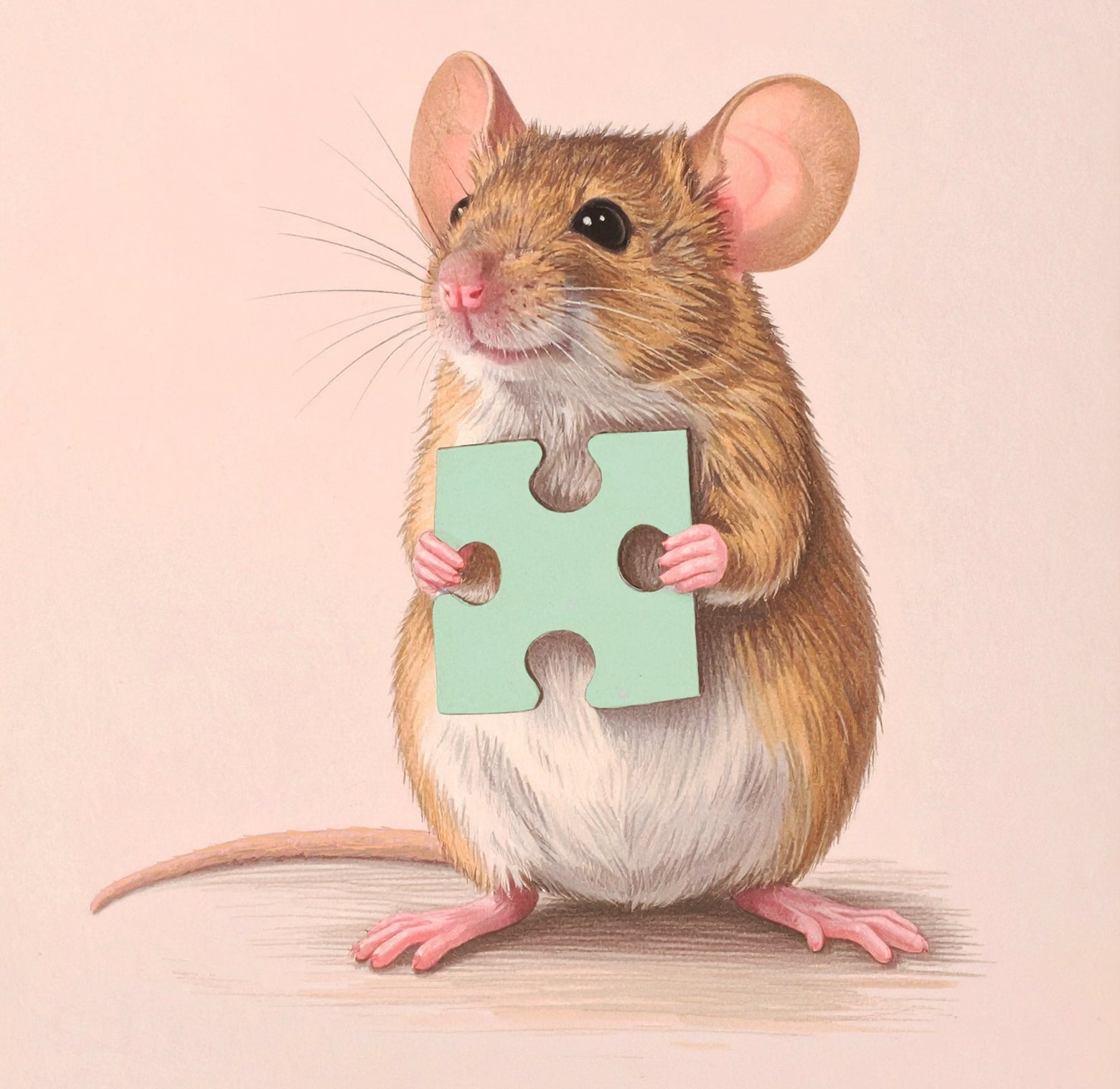 mouse holding a puzzle piece with a pink background