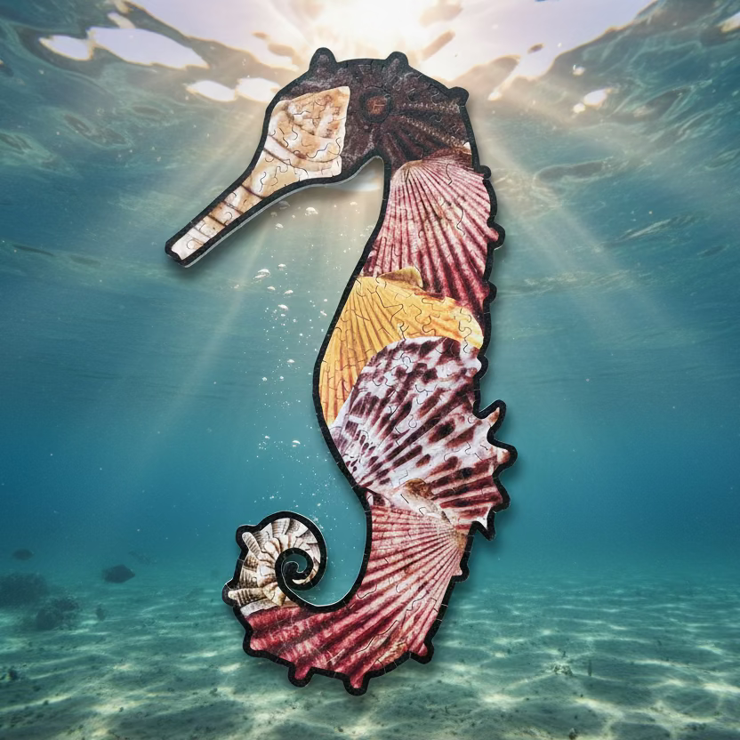 Decorative seahorse made from seashells on a beige background