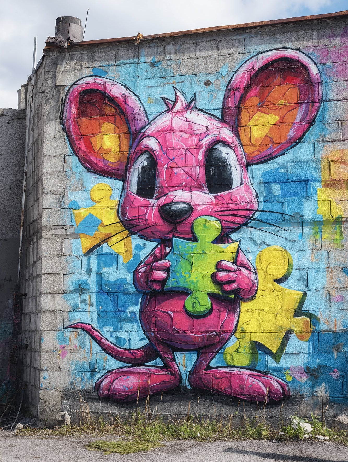 urban street art of a pink mouse holding a puzzle piece