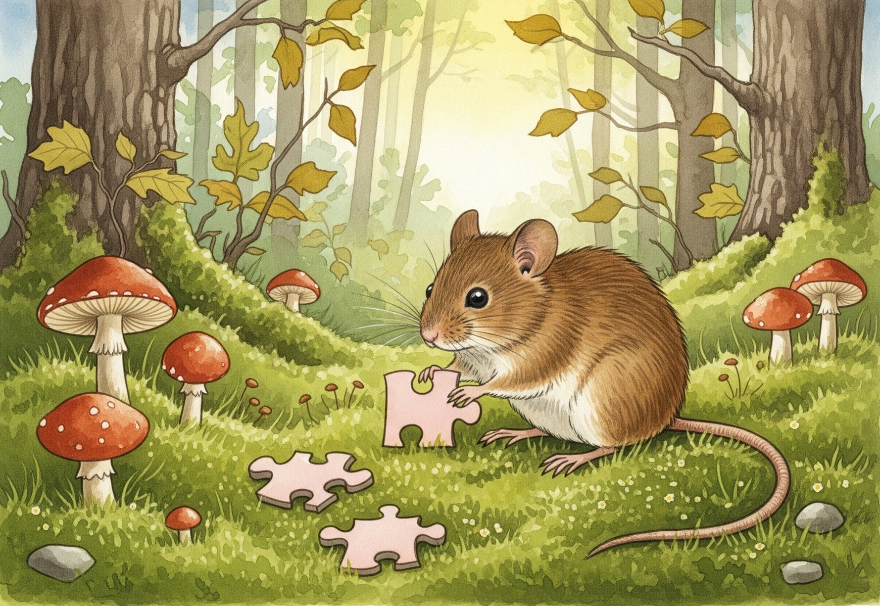 a mouse in the forest holding a puzzle piece, with mushrooms all around
