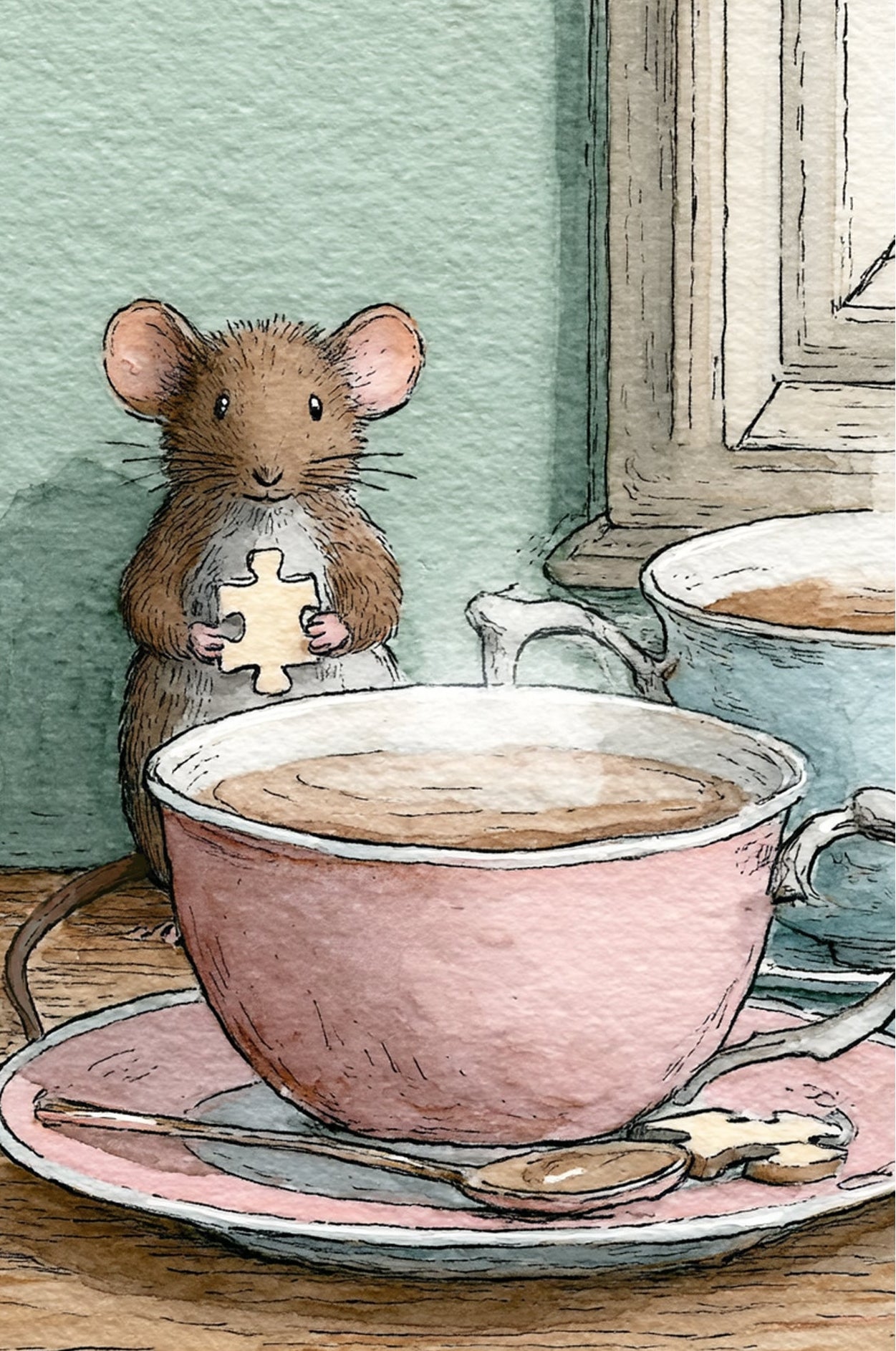 a mouse holding a puzzle piece behind a large teacup