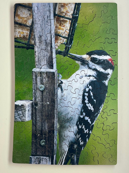 A jigsaw puzzle depicting a woodpecker perched on a wooden post with a green background. The puzzle pieces are arranged around the image, and the image shows a handcrafted, scroll saw-cut finish.